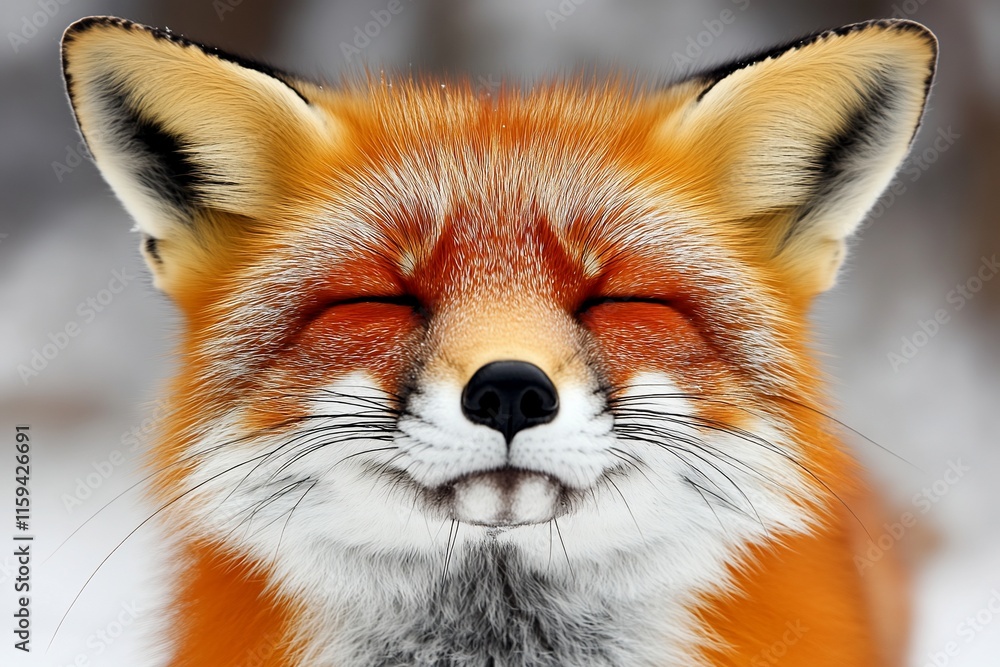 Fototapeta premium Happy red fox with closed eyes and a smile.