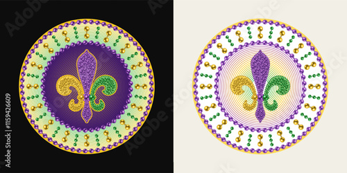 Mardi Gras circular pattern with Fleur de lis sign, bead strings. Vintage illustration for prints, holiday goods decoration
