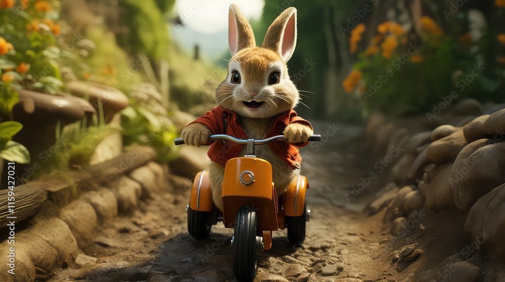 Fototapeta Adorable Bunny Riding Vintage Tricycle Down Rustic Path