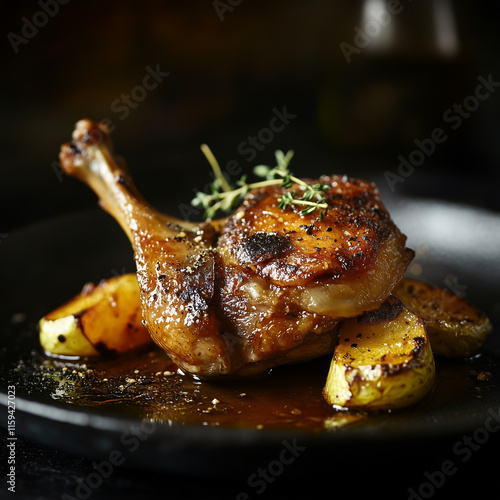 Artistic shot of duck confit with golden skin, minimalist background, rich and indulgent tones  photo