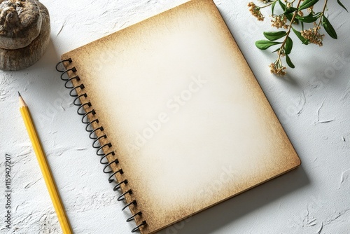 Blank, aged notebook with spiral binding and yellow pencil, surr photo