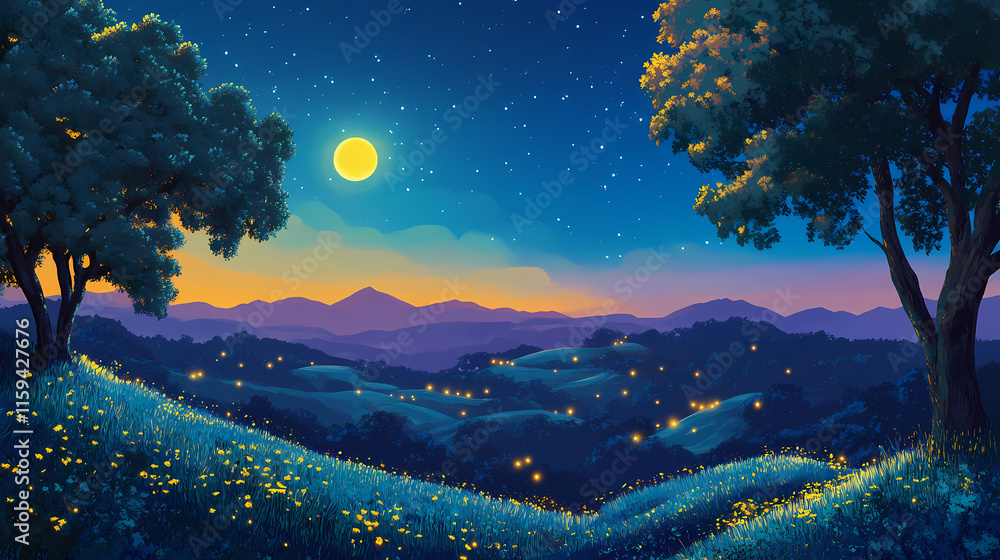 Fototapeta premium a serene rural landscape glowing under a setting sun, transitioning to moonlit hills and glowing fireflies. Moonlit. Illustration