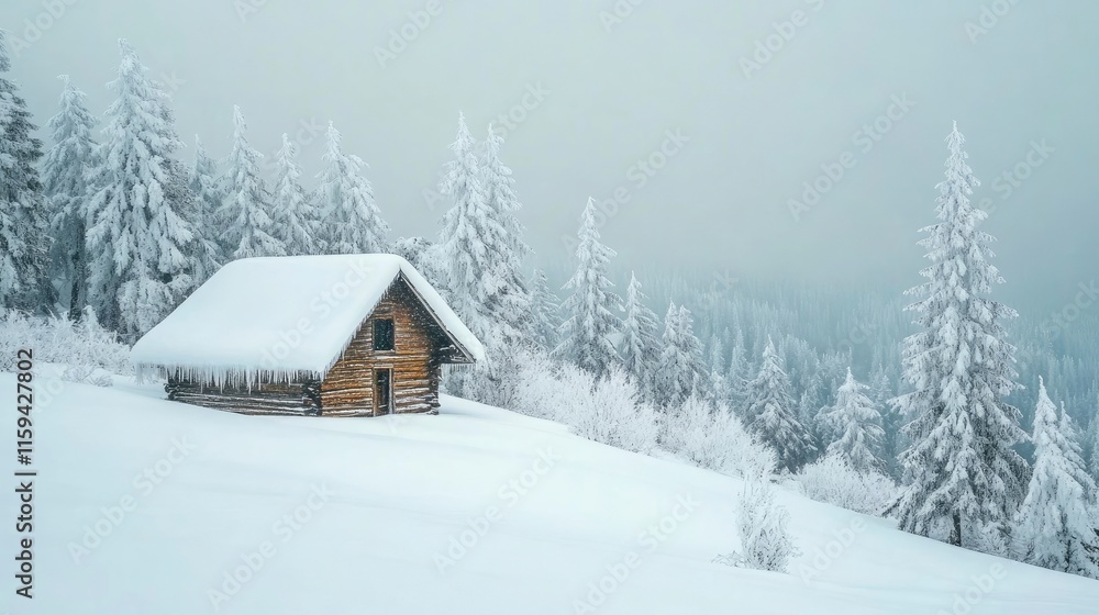 A tranquil snowy landscape featuring a hidden cabin in the woods, with a blanket of fresh snow covering the roof and ground. A tranquil snowy landscape featuring a hidden cabin in the woods, with a blanket of fresh snow covering the roof and ground.