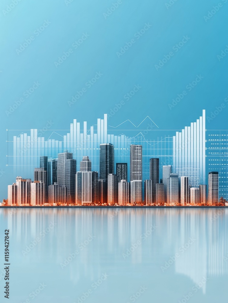 Skyline Data Visualization Cityscape - Urban development, financial growth, data analysis, economic progress, future technology symbolized in a modern cityscape with overlaying charts and graphs. Skyline Data Visualization Cityscape - Urban development, financial growth, data analysis, economic progress, future technology symbolized in a modern cityscape with overlaying charts and graphs.