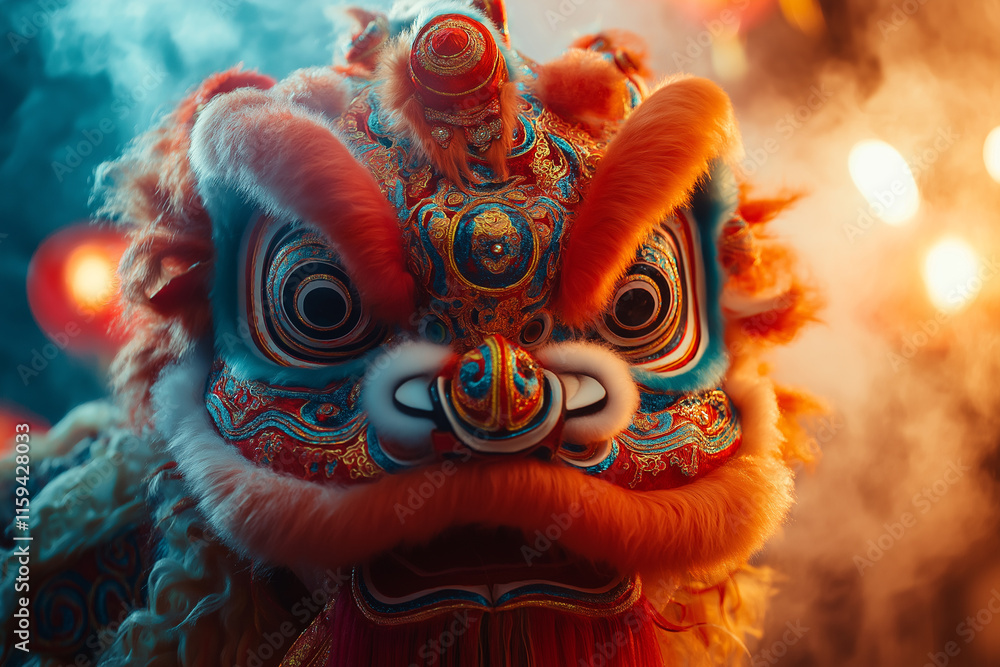A stunning close-up of a lion dance headpiece, covered in intricate embroidery and vibrant colors, set against a backdrop of swirling smoke and glowing lanterns A stunning close-up of a lion dance headpiece, covered in intricate embroidery and vibrant colors, set against a backdrop of swirling smoke and glowing lanterns