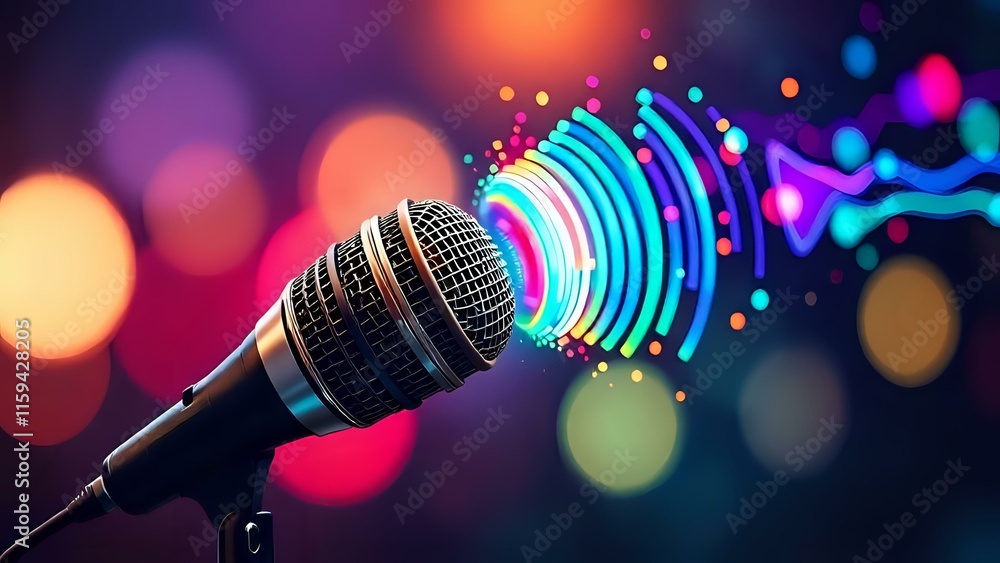 Obraz premium A symbolic image of a microphone with colorful sound waves emanating from it, representing diverse voices in radio broadcasting on World Radio Day. 