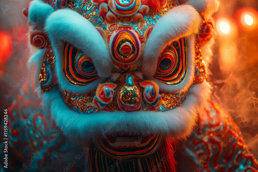 Fototapeta premium A stunning close-up of a lion dance headpiece, covered in intricate embroidery and vibrant colors, set against a backdrop of swirling smoke and glowing lanterns