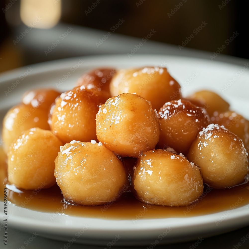 Artistic shot of loukoumades with warm, golden tones, clean background, appetizing and indulgent Artistic shot of loukoumades with warm, golden tones, clean background, appetizing and indulgent