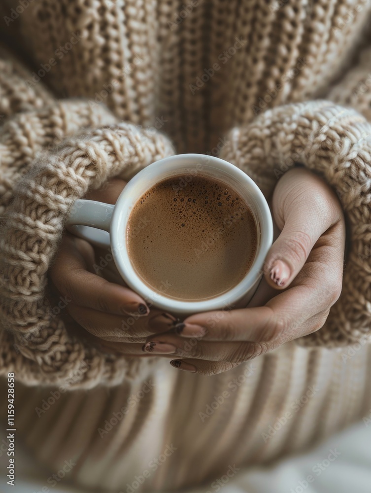 Hands wrapped around a cup of hot chocolate or coffee, enjoying the warmth and comfort it brings. Hands wrapped around a cup of hot chocolate or coffee, enjoying the warmth and comfort it brings.