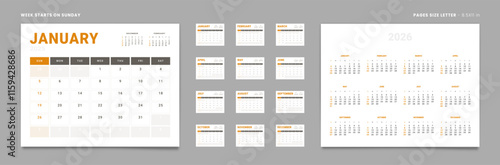 Set of 12 Pages Monthly Calendar Planner Templates and annual. Vector layout of a wall or desktop calendar with the week starting on Sunday ready for printing. Page size Letter -8.5x11