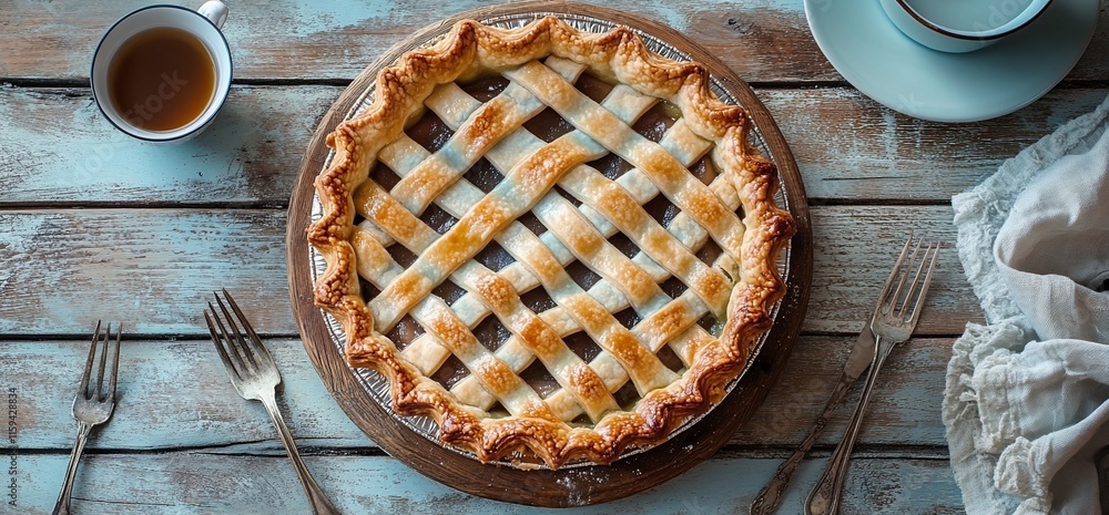 Lattice-top apple pie on wooden table with tea. Lattice-top apple pie on wooden table with tea.