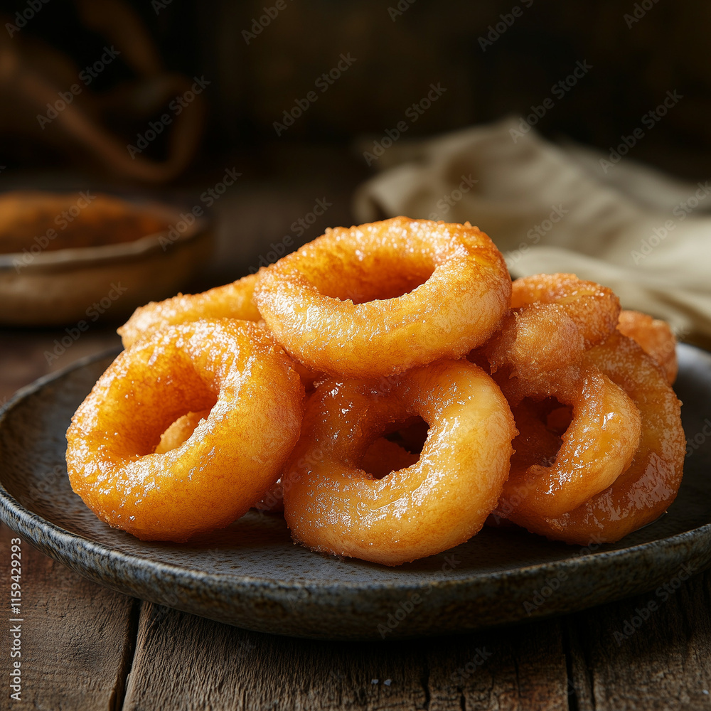 Artistic shot of picarones with warm, golden tones, clean background, indulgent and inviting Artistic shot of picarones with warm, golden tones, clean background, indulgent and inviting