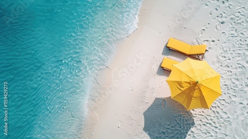 A picturesque beach setting with yellow umbrellas providing shade under clear skies.