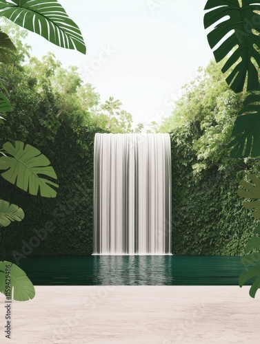 Serene waterfall cascading into a tranquil pool surrounded by greenery.