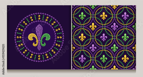Geometric beaded pattern with fleur de lis symbol in center of grid cells. Overlapping interlaced intersecting circular grid, ornament. Circular composition with mosaic Fleur de Lis sign.