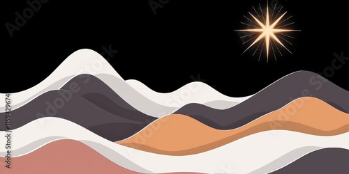 Stylized landscape with wavy mountains and glowing star detail.