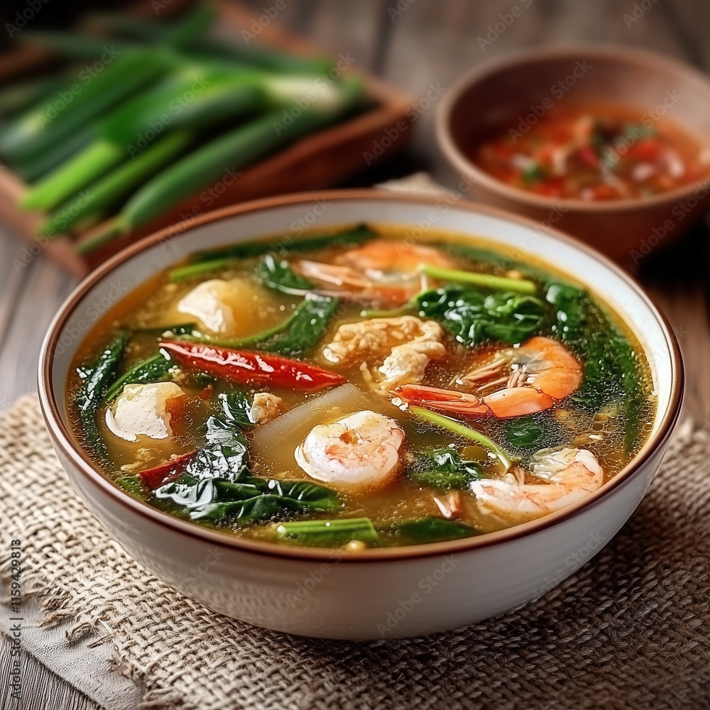 Shrimp soup with spinach and chili in a rustic setting Shrimp soup with spinach and chili in a rustic setting