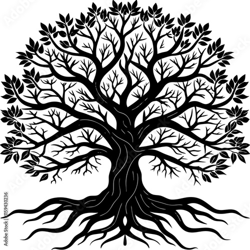 Detailed Black and White Tree with Expansive Roots and Branches