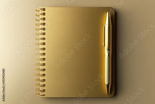 Elegant golden notebook with sleek pen, creating luxurious writi photo