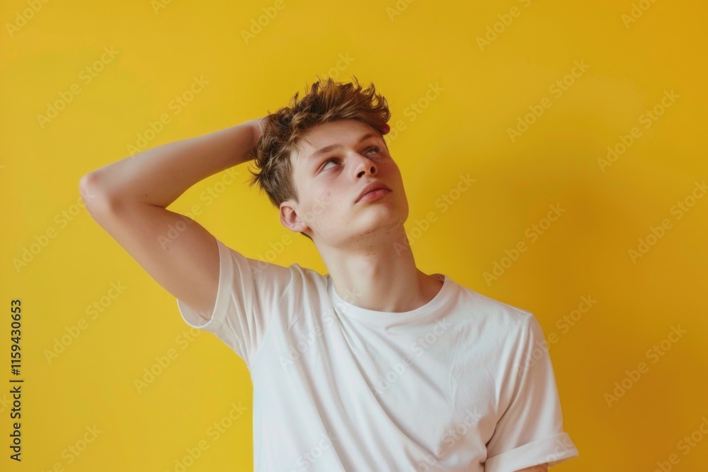 Man in white shirt with his hand on his shoulder, standing against a yellow background. He is looking slightly off to the side and has a relaxed posture. Man in white shirt with his hand on his shoulder, standing against a yellow background. He is looking slightly off to the side and has a relaxed posture.