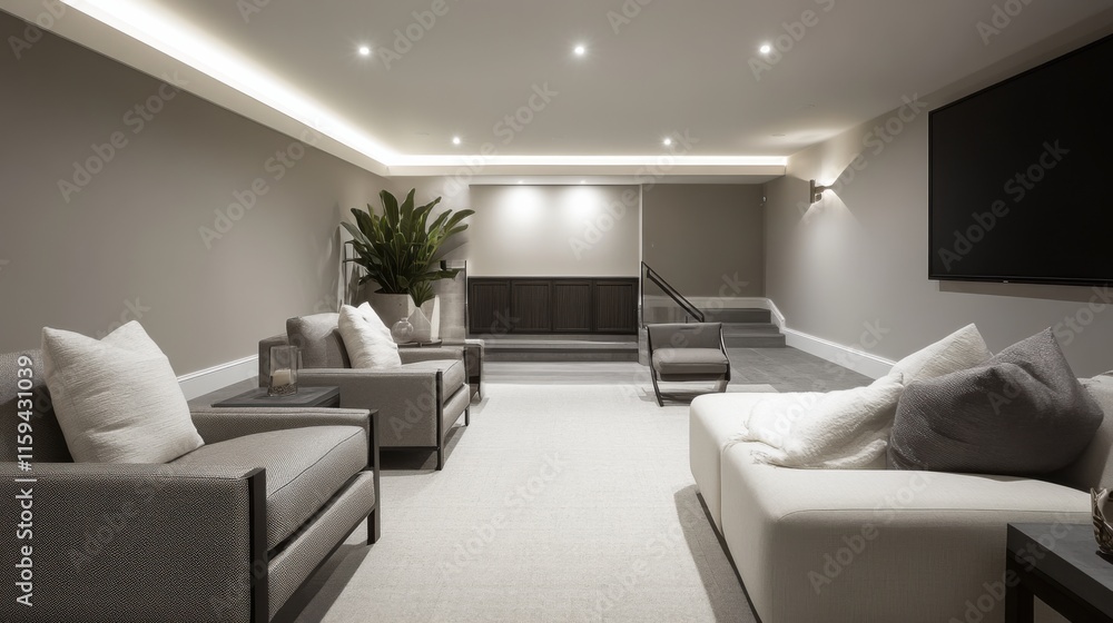 Fototapeta premium Contemporary minimalist basement lounge with minimal decor. Featuring clean lines and a cozy setup