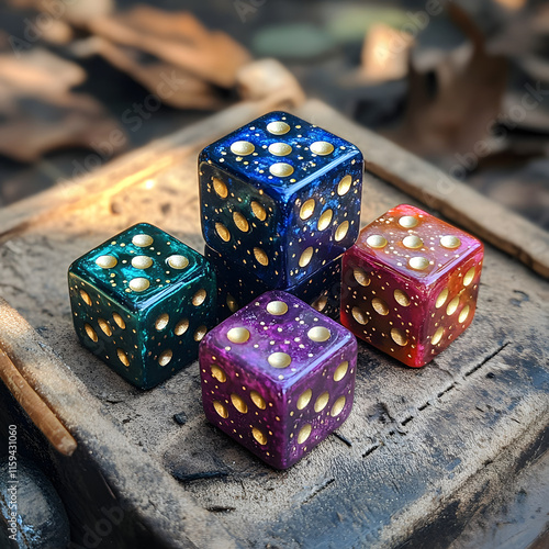 Beautiful galaxy-themed resin dice with gold dots, vibrant colors, perfect for tabletop games, Dungeons and Dragons, or collectibles, enchanting design for unique play experience. photo