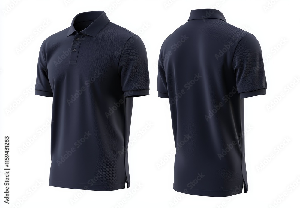 Realistic 3D renders of a navy short-sleeve polo shirt featuring a ribbed collar and cuffs.