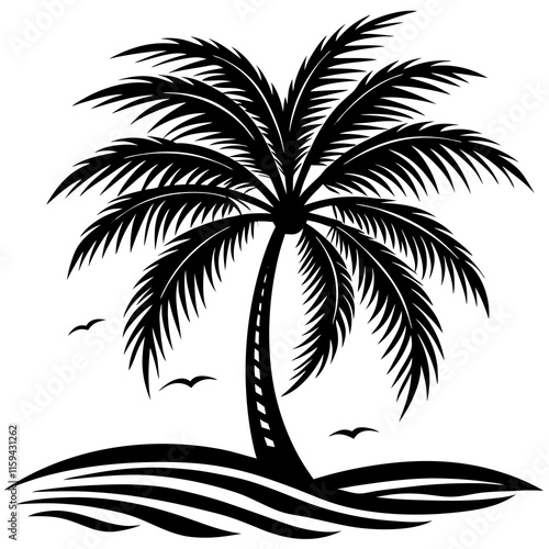 Silhouetted Palm Tree on Sand with Detailed Fronds