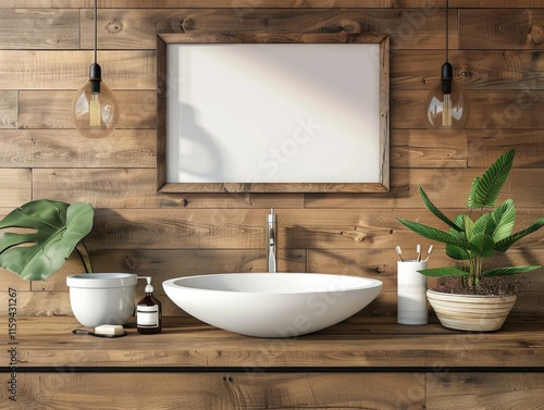 A serene and stylish bathroom setting with wooden wall, white tub, and modern decor elements. photo