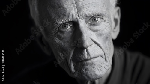 A dramatic black and white portrait of an elderly man