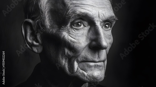 A dramatic black and white portrait of an elderly man
