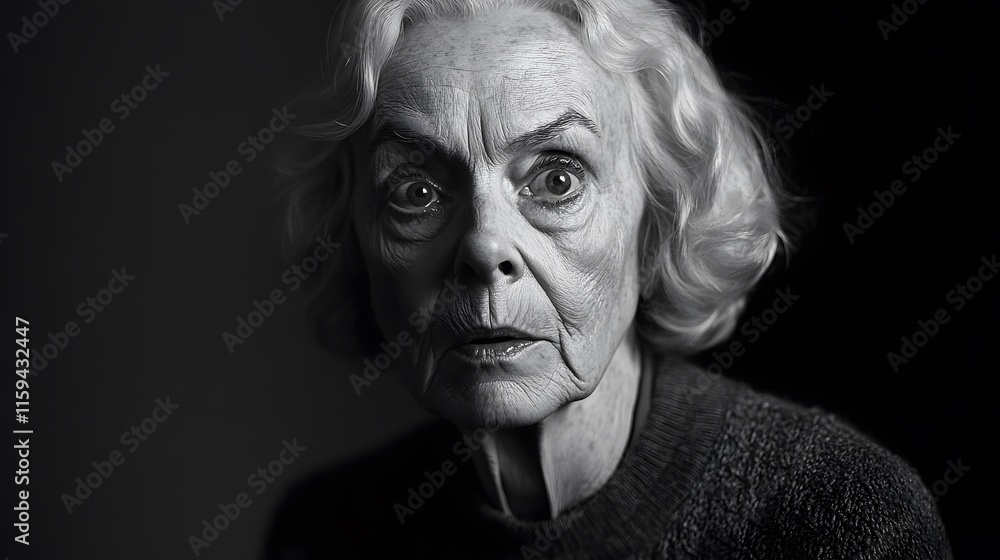A dramatic black and white portrait of an elderly woman A dramatic black and white portrait of an elderly woman