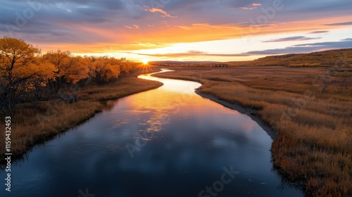 A winding river reflecting the colors of autumn trees under a glowing sunset sky