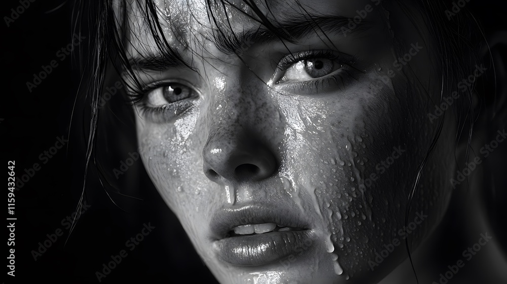 Fototapeta premium A dramatic portrait of a young woman with tears on he