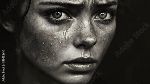 A dramatic portrait of a young woman with tears on he