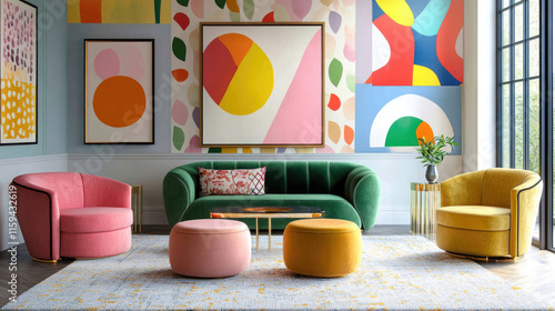 Farbenfrohes Wohnzimmer im Maximalist-Stil mit bunten Möbeln und abstrakten Kunstwerken