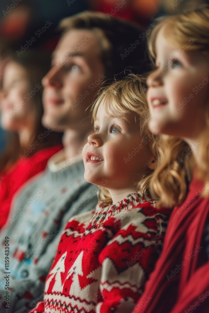 Family of four is sitting together in a theater, with a young girl in the middle wearing a red sweater. The family appears to be enjoying a movie or play together Family of four is sitting together in a theater, with a young girl in the middle wearing a red sweater. The family appears to be enjoying a movie or play together