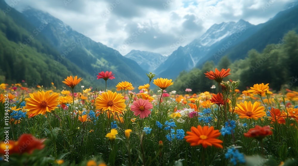 Vibrant wildflowers bloom in a mountain valley. Vibrant wildflowers bloom in a mountain valley.