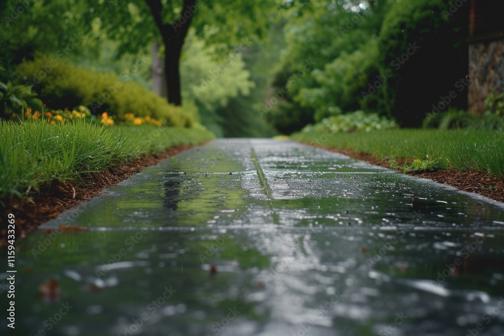 Fototapeta premium A rainy day with a wet, reflective path.