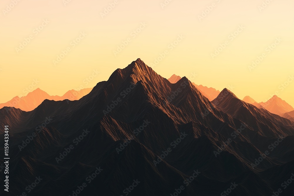 Rugged mountain peaks as jagged black strokes over a glowing sunrise gradient