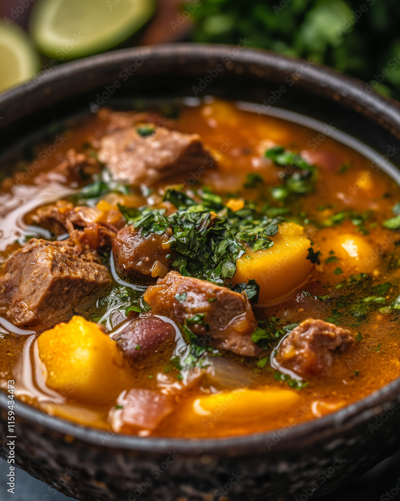 Argentinian locro stew with corn, beans, and pork, served in a rustic bowl with fresh herbs, cozy countryside setting Argentinian locro stew with corn, beans, and pork, served in a rustic bowl with fresh herbs, cozy countryside setting