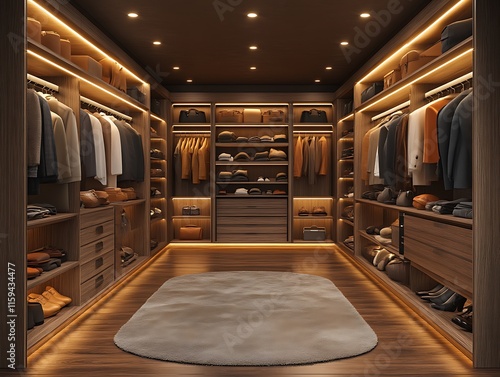 Luxurious modern walk-in closet with men's clothing and accessories.