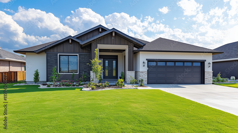 Modern single story suburban house with manicured lawn, large driveway, and elegant architectural details Modern single story suburban house with manicured lawn, large driveway, and elegant architectural details