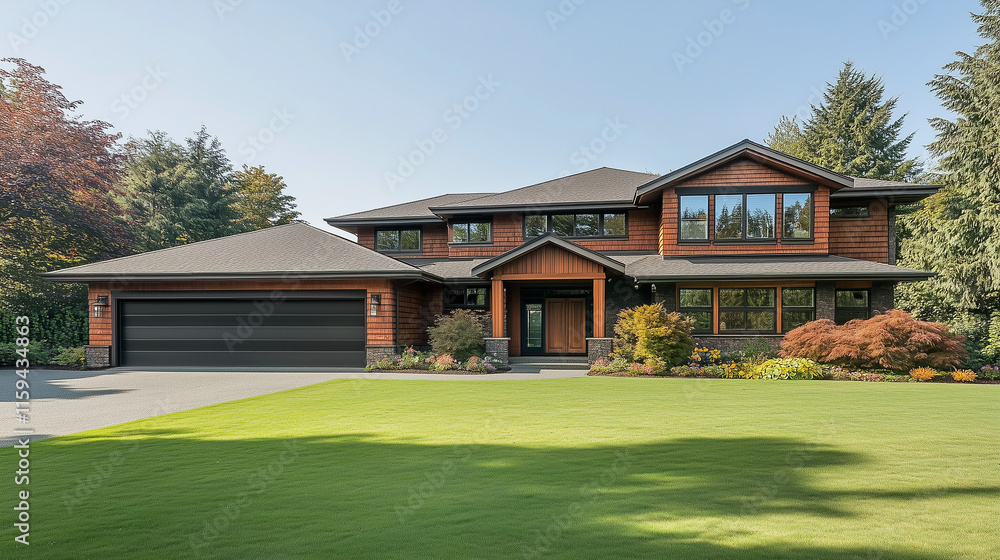 Contemporary suburban home with spacious garage, lush lawn, and surrounding greenery Contemporary suburban home with spacious garage, lush lawn, and surrounding greenery