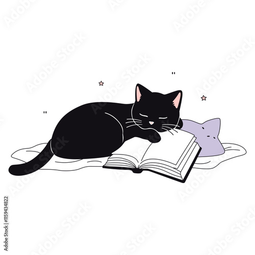 Cute sleeping little kitten lies on book and pillow vector illustration. Funny animal character isolated on white background. Hobby and leisure concept clip-art. Trendy pastel colors. Postcard design.