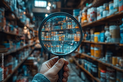 A confident consumer holding a magnifying glass over product details and labels. Generative AI