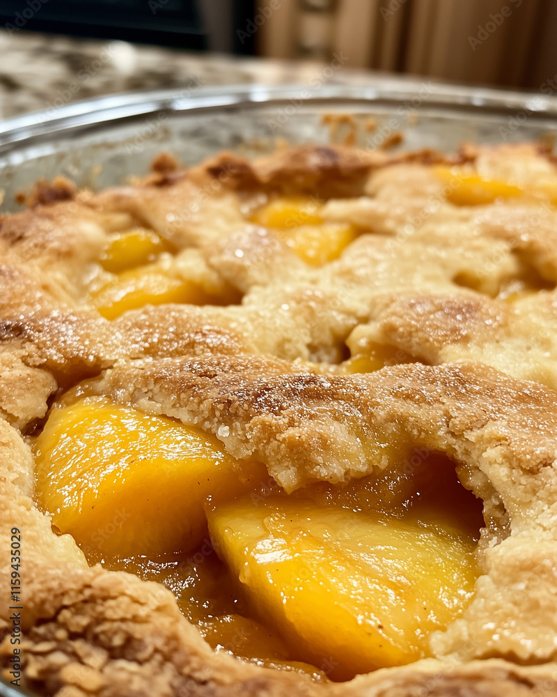 Close-up of peach cobbler showing juicy peach filling and buttery crust, rustic background, warm lighting Close-up of peach cobbler showing juicy peach filling and buttery crust, rustic background, warm lighting