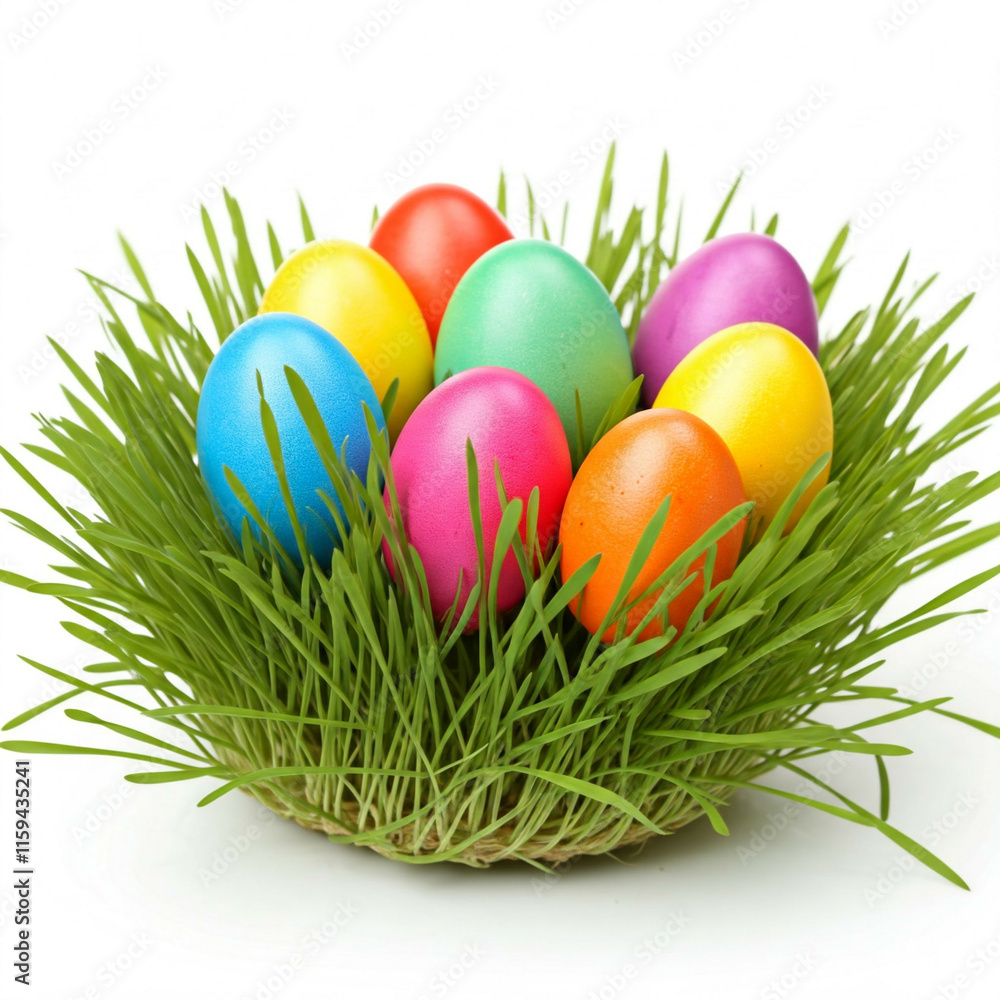 colorful easter eggs nestled in green grass on white background colorful easter eggs nestled in green grass on white background