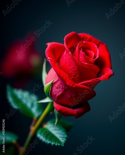 Single Red Rose: Dew-Kissed Petals, Dark Moody Photography photo