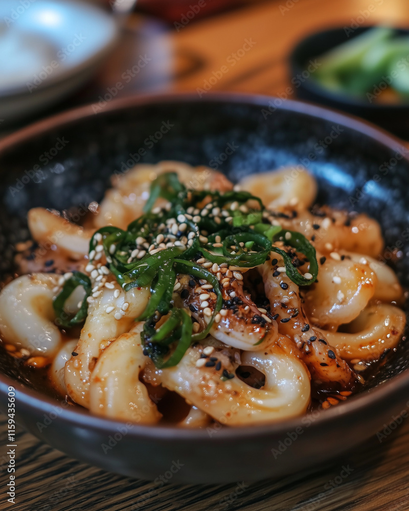 Close-up of sannakji with visible tentacles and sesame oil, bold and unique presentation, cozy Korean restaurant Close-up of sannakji with visible tentacles and sesame oil, bold and unique presentation, cozy Korean restaurant